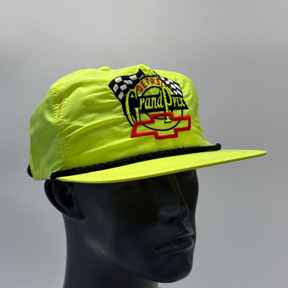 Vtg Chevrolet Detroit Grand Prix Hat Mens Neon Yellow Racing Cap Strapback 90s